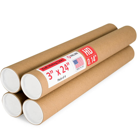 3" x 24" Heavy-Duty Reinforced Cardboard Mailing Tube, Pack of 4 Tubes with 8 Caps – Secure USPS Approved – Great for Shipping and Storing of Prints, Artwork, Posters or Documents