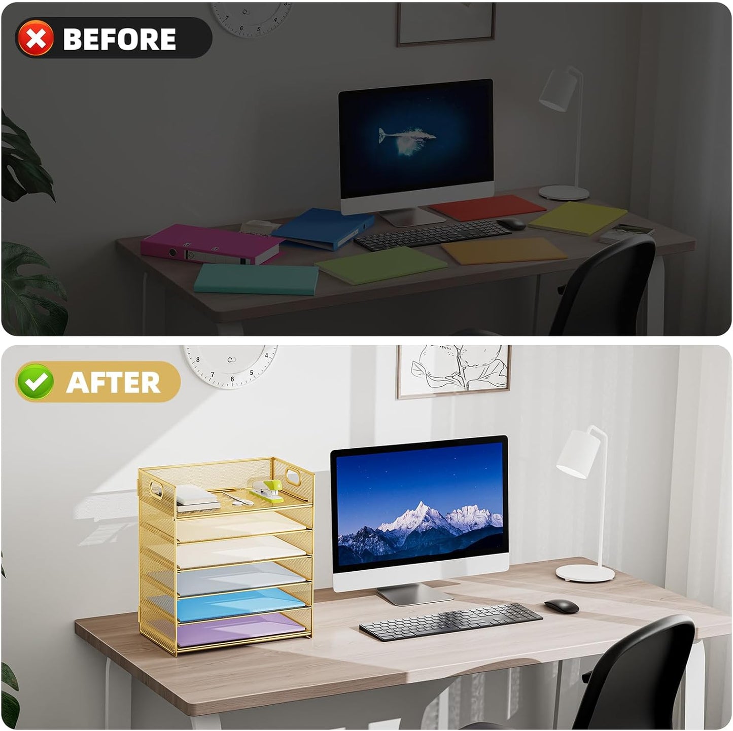 Marbrasse 2 Pack Desk Organizer with Handle, 6 Tier Paper Letter Tray, Mesh Desk File Organizer for Office, School and Home - Gold