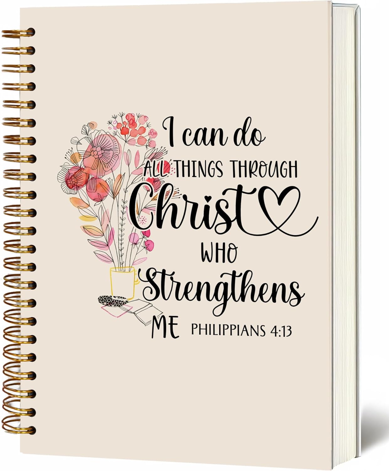 Bible Notebook, A5 Spiral Christian Journal Pink Floral Notebook, Bible Verse-I Can Do All Things Through Christ Who Strengthens Me, Inspirational Notebooks for Women, Gift for Birthday Christmas