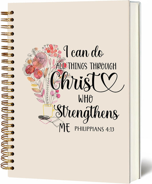 Bible Notebook, A5 Spiral Christian Journal Pink Floral Notebook, Bible Verse-I Can Do All Things Through Christ Who Strengthens Me, Inspirational Notebooks for Women, Gift for Birthday Christmas