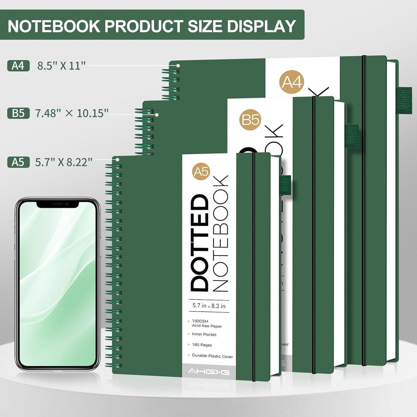AHGXG Bullet Dotted Journal - Dot Grid Spiral Notebook B5, 140 Pages, 100 GSM Thick Paper, Waterproof Plastic Cover Journals for Bullet Journaling, Sketching, 7.6" x 10", Green