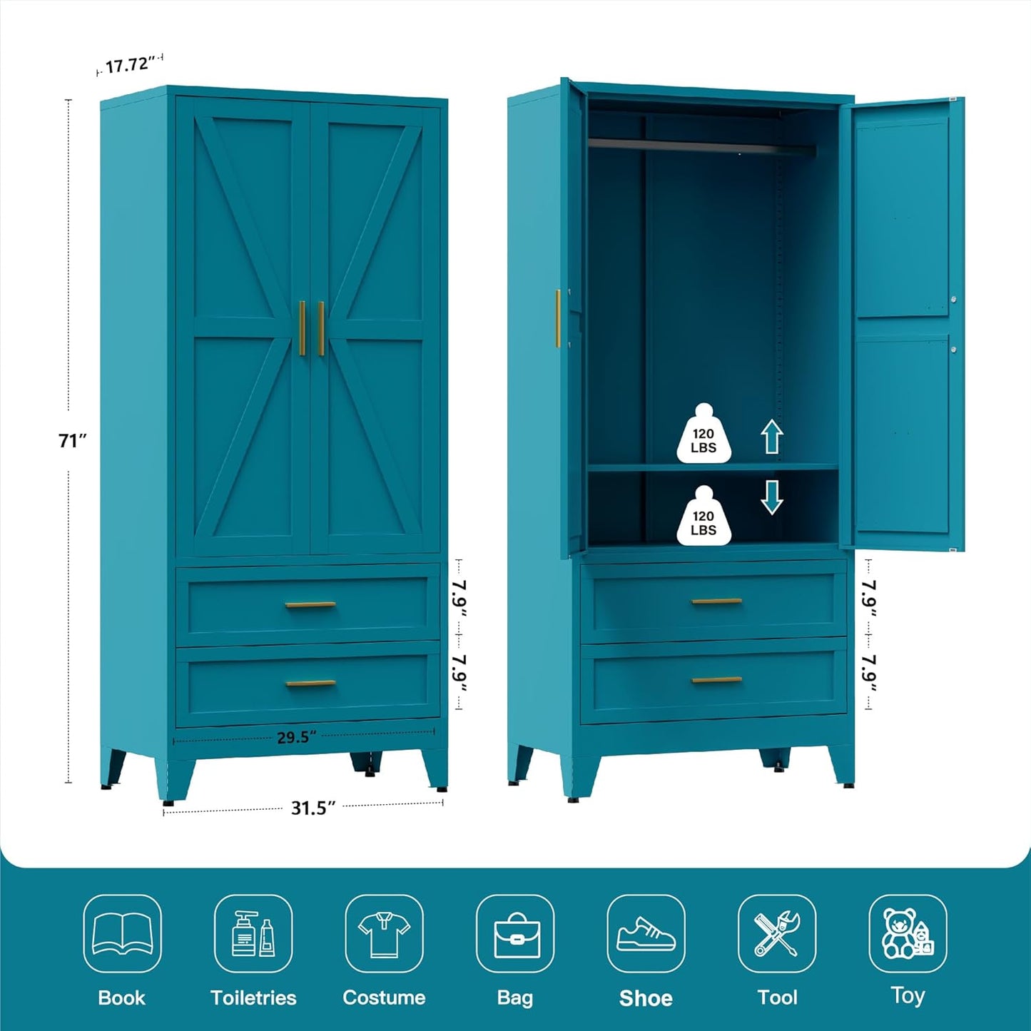 71" Tall Metal Wardrobe Cabinet with 2 Drawers and Hanging Rod, 2 Doors Armoire Wardrobe Closet with Shelf for Bedroom, Office, Laundry Room, Blue