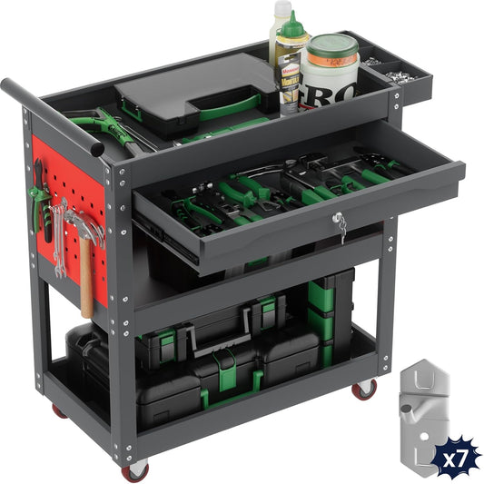 ALANNG 330 LBS Rolling Tool Cart with 1 Drawer & 3 Shelves | Heavy Duty Mechanic Cart Includes 7 Hooks, 2 Pegboards & Screw Organizer | Metal Service Cart for Garage Workshop (Grey, 1 Pack)