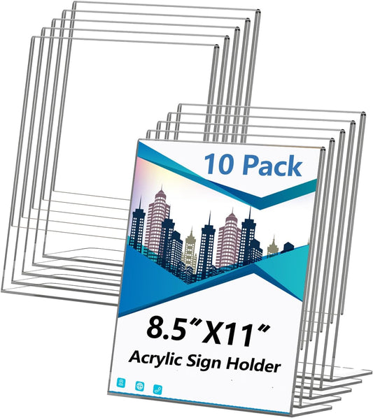 Acrylic Sign Holder 8.5x11 Inches, 10 Pack Clear Plastic Table Flyer Display Stand, L-Shape Vertical Menu Paper Holder Stand, Clear Picture Photo Flyer Display Stand for Restaurants, Store Fair,Office