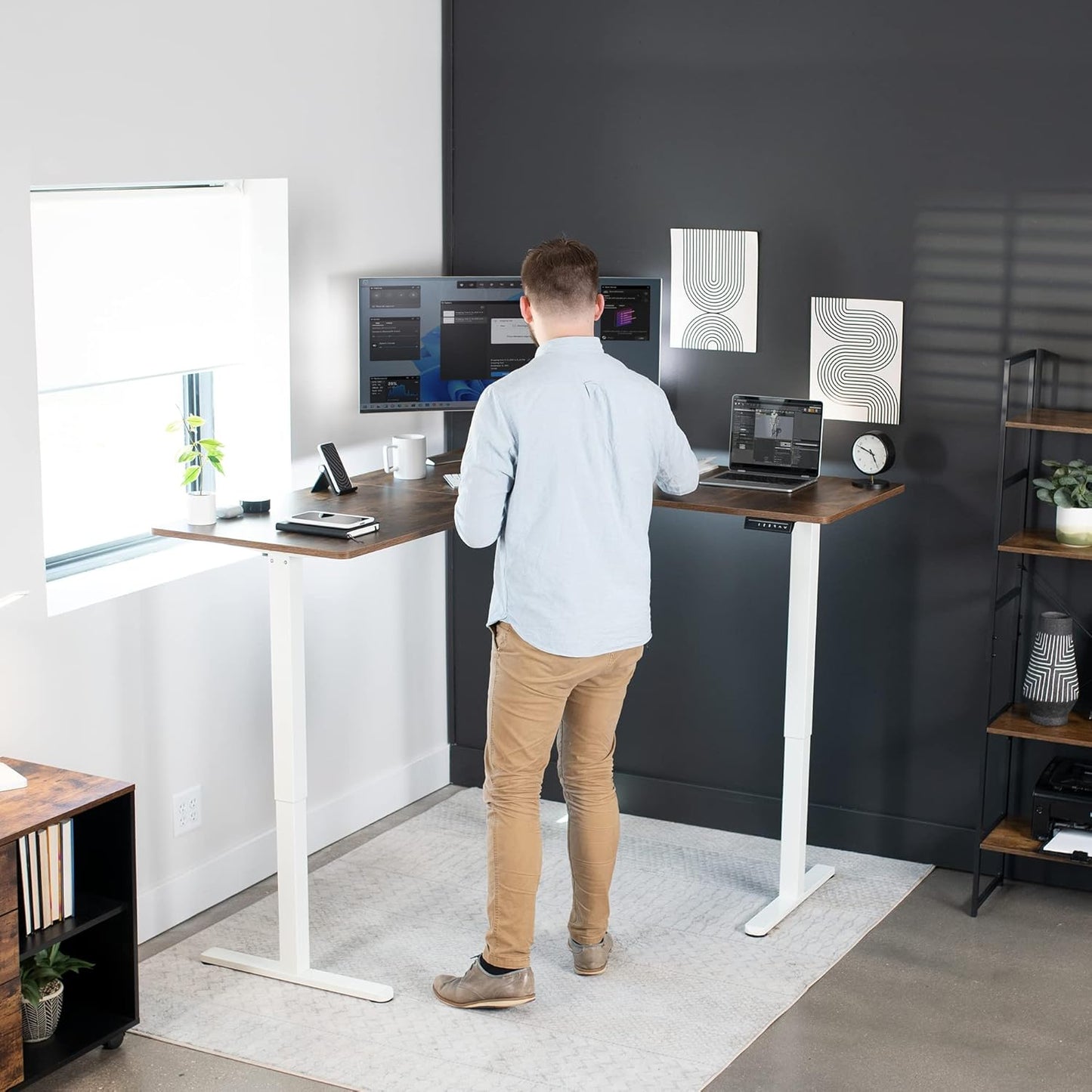 VIVO Electric Corner L-Shaped 63 x 55 in Rustic Standing Desk, Memory Height Adjustment, Vintage Brown Top White Frame, DESK-E3CTWN