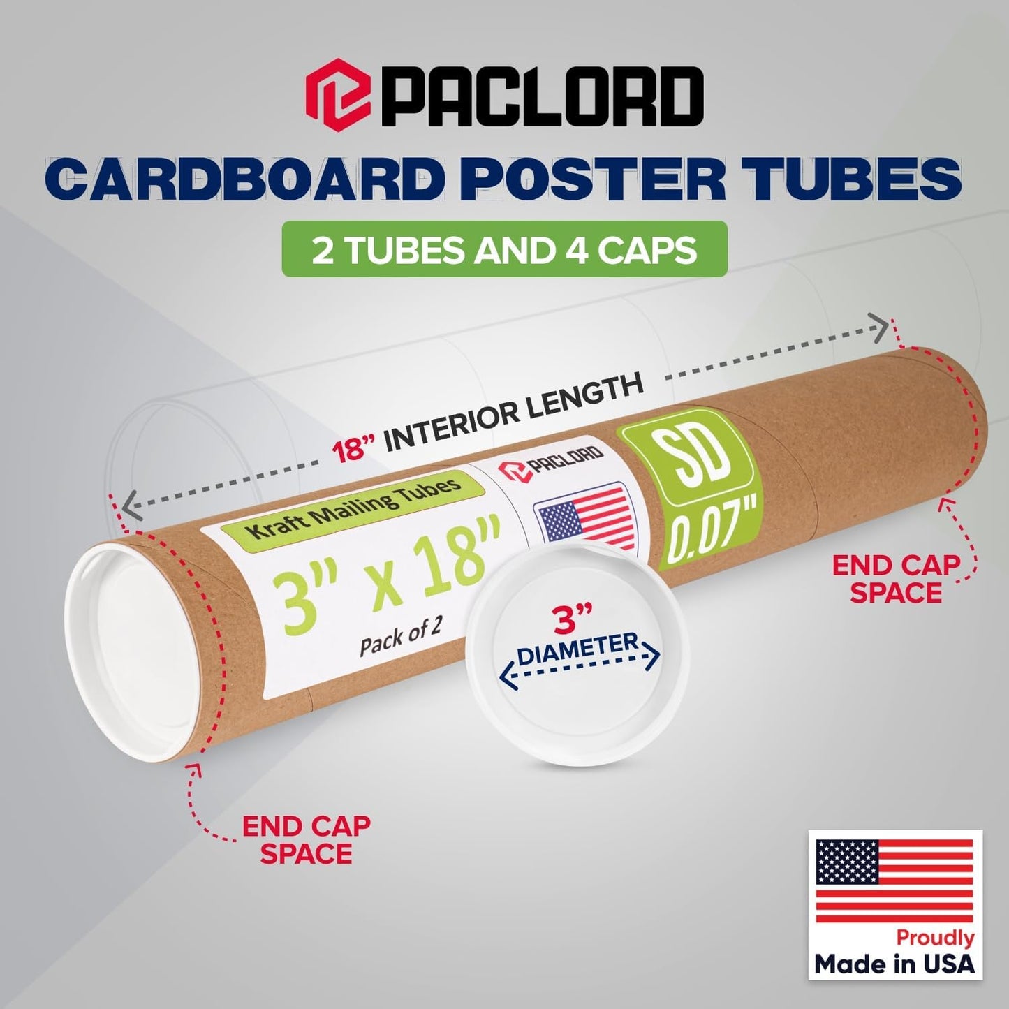 3" x 18" Reinforced Kraft Paper Mailing Tube, Pack of 2 Tubes with 4 Caps – Secure USPS Approved Poster Tube – Cardboard Tube for Shipping and Storing of Posters, Prints, Artwork, or Documents