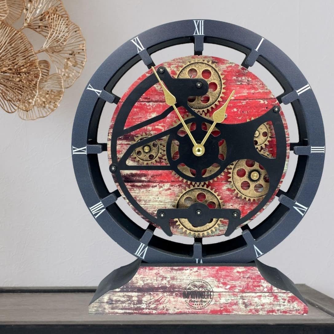 The Gears Clock Desk Clock 10 inches with Real Moving Gears Convertible into Wall Clock (Red Lava)