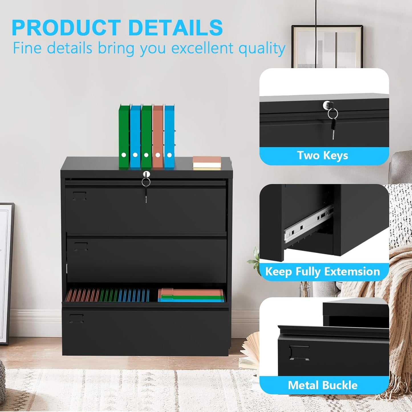 40inch Steel 3 Drawer Lateral Filing Cabinet - Lockable Metal Filing Storage, Home Office Organization, Fits Hanging Letter/Legal/F4/A4, Durable 0.6MM Coated Steel (Black)