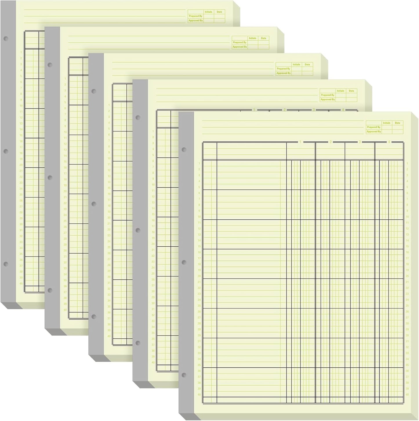 Zhanmai 5 Pack 250 Sheets Analysis Columnar Books 3 Hole Accounting Ledger Book Ledger Paper Pad Columnar Pad for Business, 50 Sheets/Pack, Single Page Format, Green(4 Columnar,8.5 x 11)
