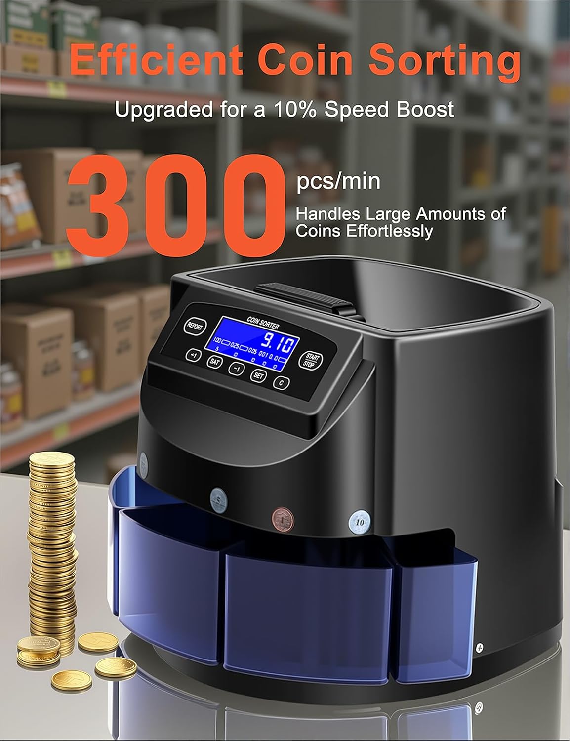 Coin Counter and USD Coin Sorter with LCD Display, 300-Coin Capacity, Automatic Change Counter for 1￠ 5￠ 10￠ 25￠ $1, 270 Coins/min,Coin Sorter and Wrapper Machine for Fast & Accurate Sorting