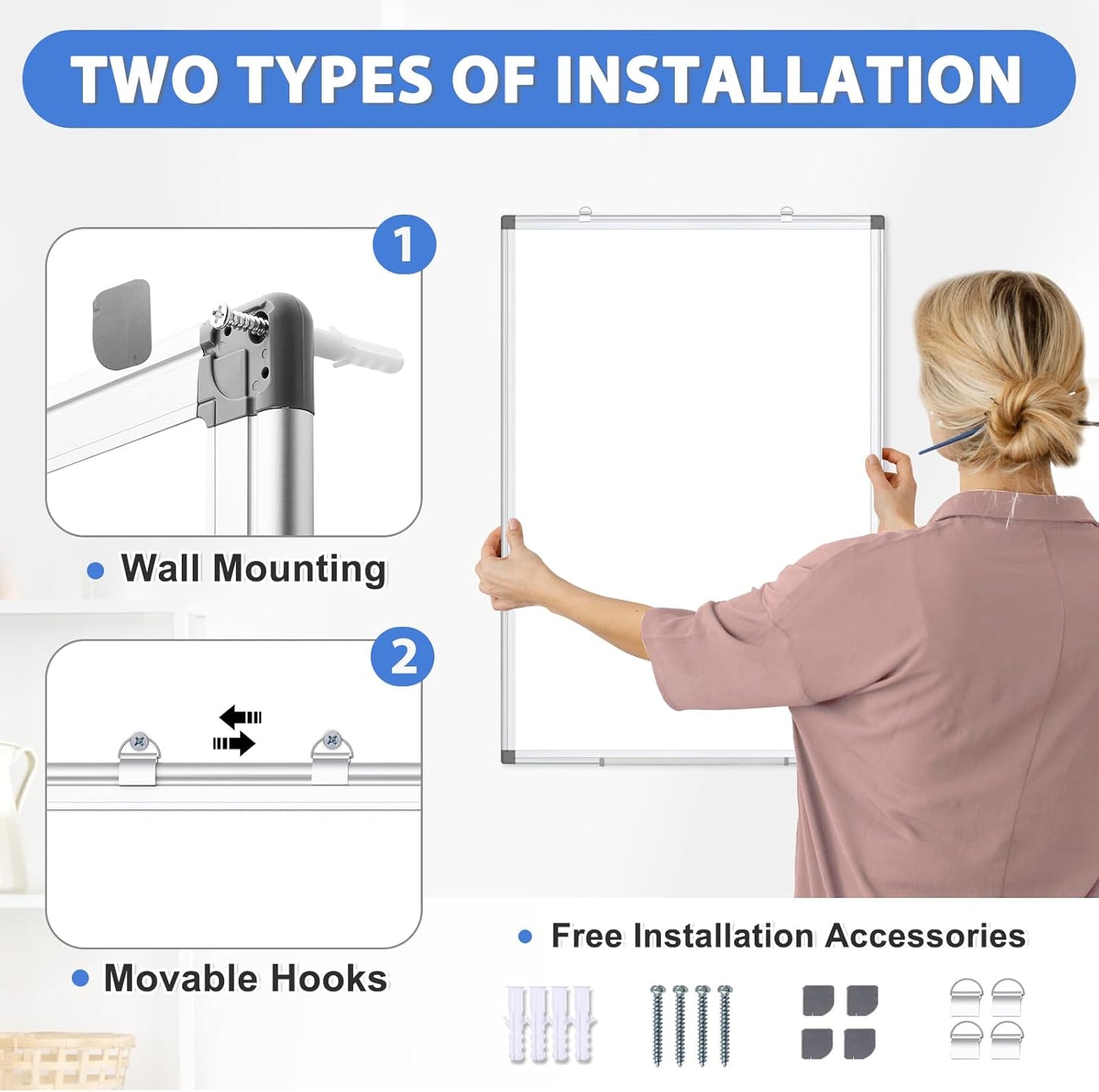 WALGLASS 2 Pack Large White Board, 60" x 40" Double-Sided Dry Erase Board Whiteboard for Wall, Hanging Mounted Whiteboard Silver Aluminium Frame for Home, School, Office