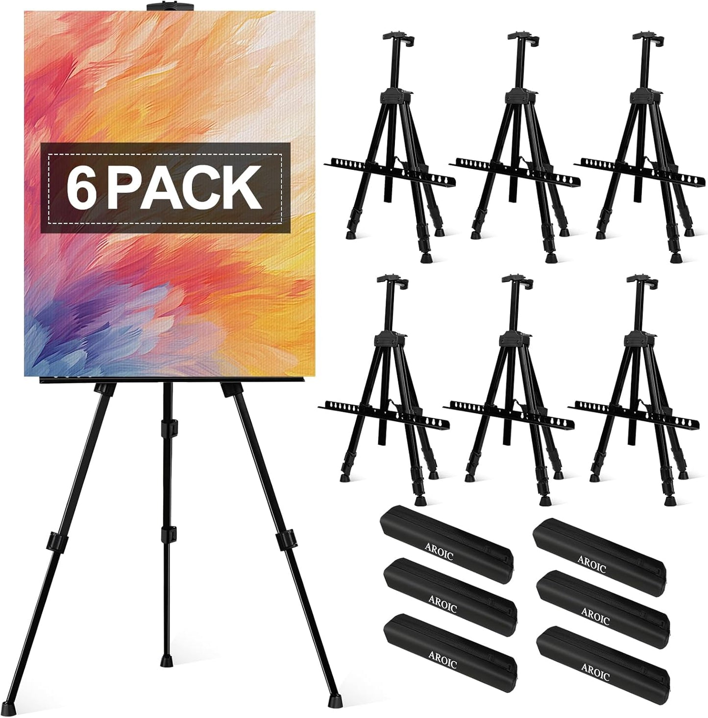 AROIC 6 Pack Painting Display Easel Stand Portable Adjustable Metal Tripod Artist Canvases Height from20to66Inch Extra Sturdy forTable-Top/Floor Painting, Drawingand Displaying,Black with 6StorageBag