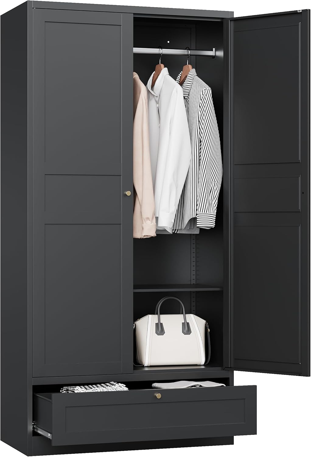 MIIIKO Wardrobe Closet with Drawer, 2 Doors Clothes Cabinet, 72" Metal Storage Cabinets with Hanging Rod and Shelf, Bedroom Armoires Laundry Room and Office Clothes Storage Organizer Cabinets