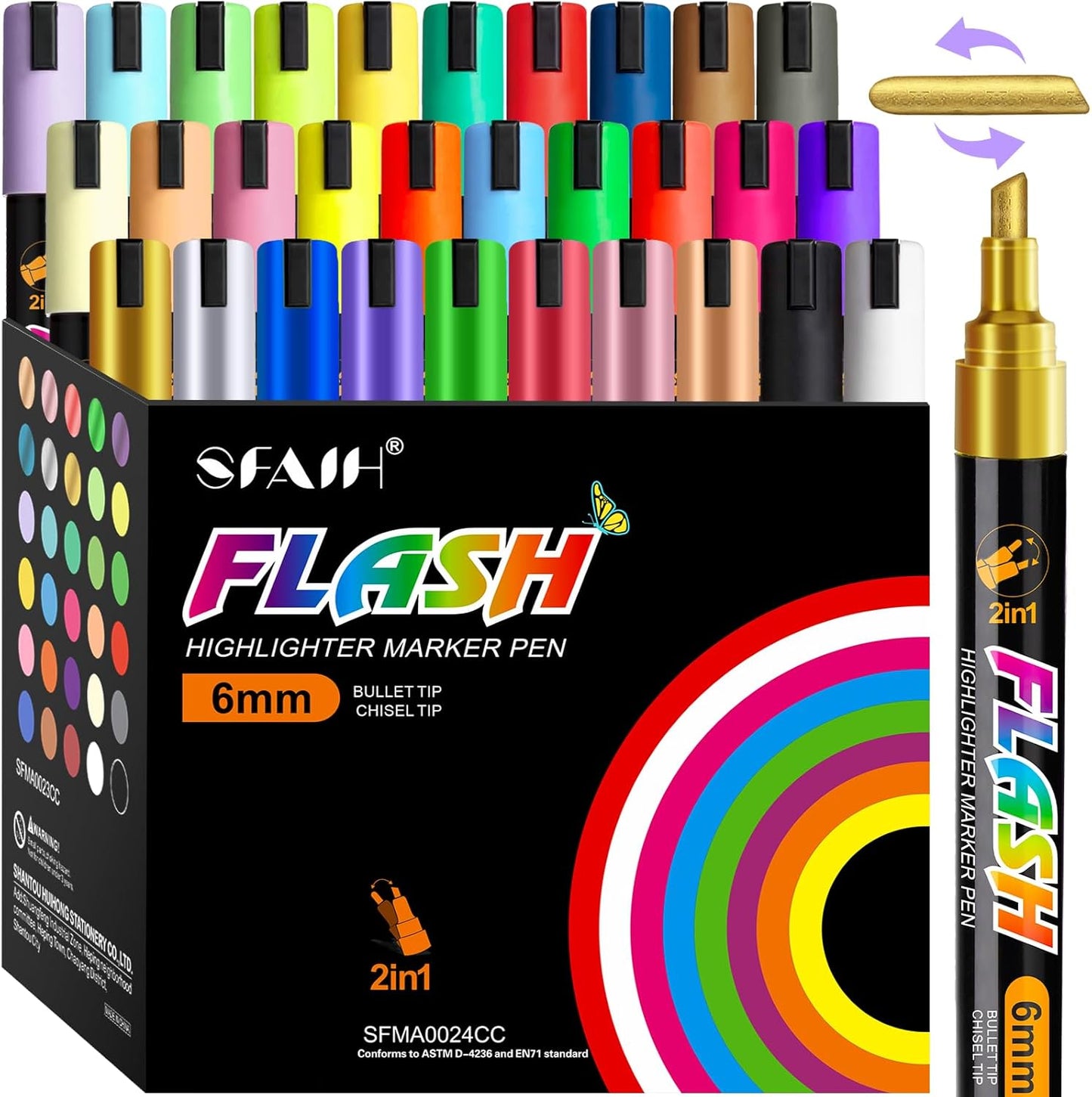 SFAIH Liquid Chalk Markers [1-Second Wet Wipe] - 6mm 30 Colors [Neon+Pastel+Metallic], No Residue, Zero Dust Chalkboard Markers for Whiteboard, Windows, Glass, Signs, With Highlighter Color Marker