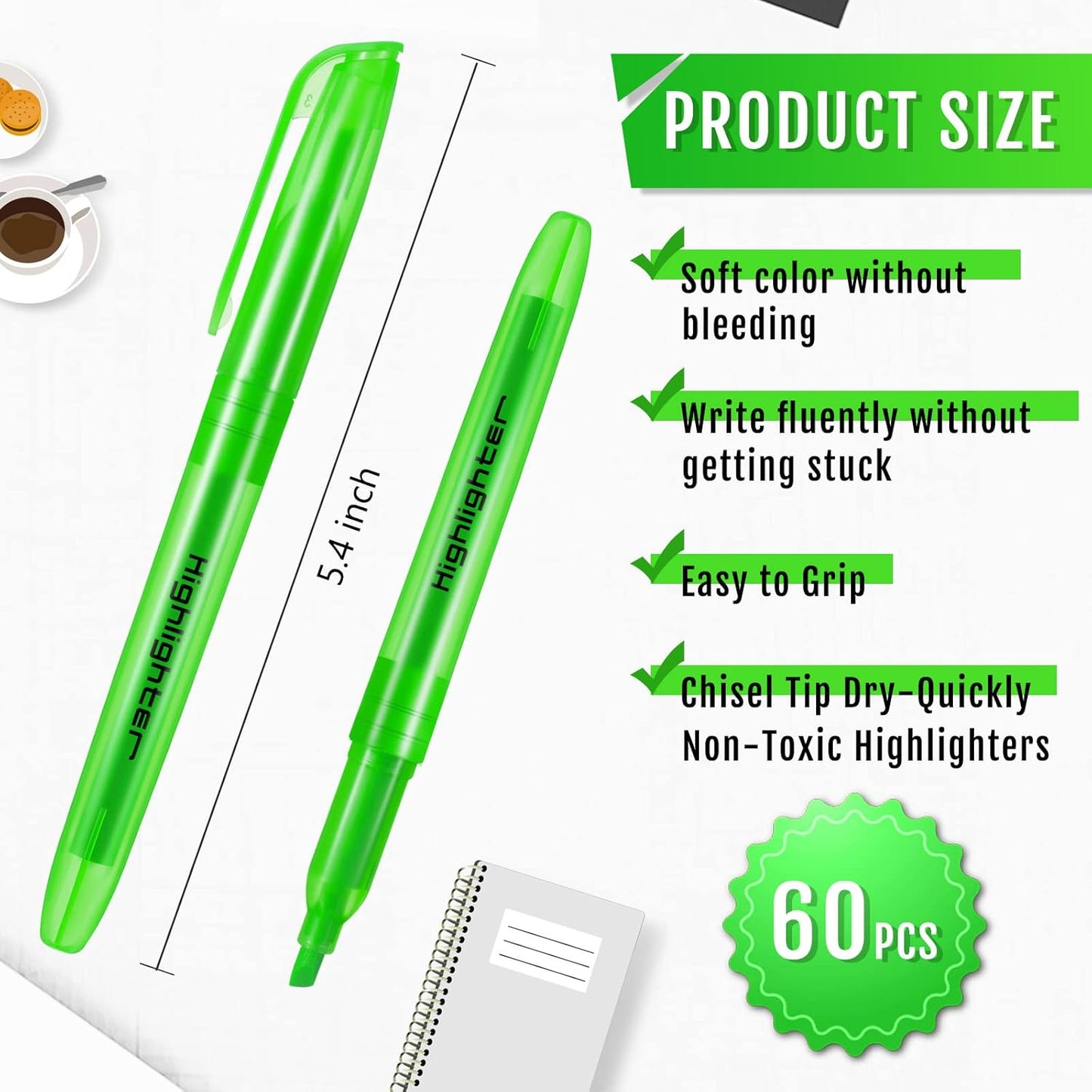 Fuutreo 60 Pack Pastel Highlighters Bulk Bright Color Highlighter Marker Chisel Tip Dry Quickly Safe Highlighter Pens Fluorescent Ink for Adults Home School Office(Green)