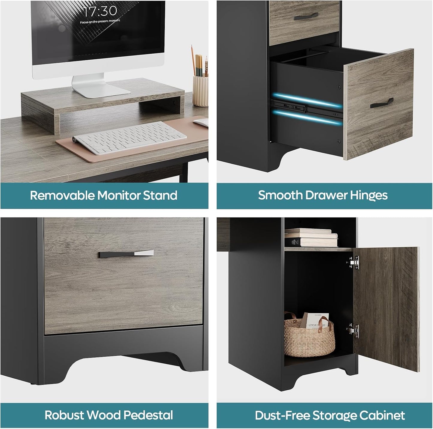 Bestier L Shaped Desk with File Drawers, 63" x 47" Office Computer Desk with Storage Cabinet, Corner Desk with Monitor Stand & Modesty Panel for Home Office, Gray