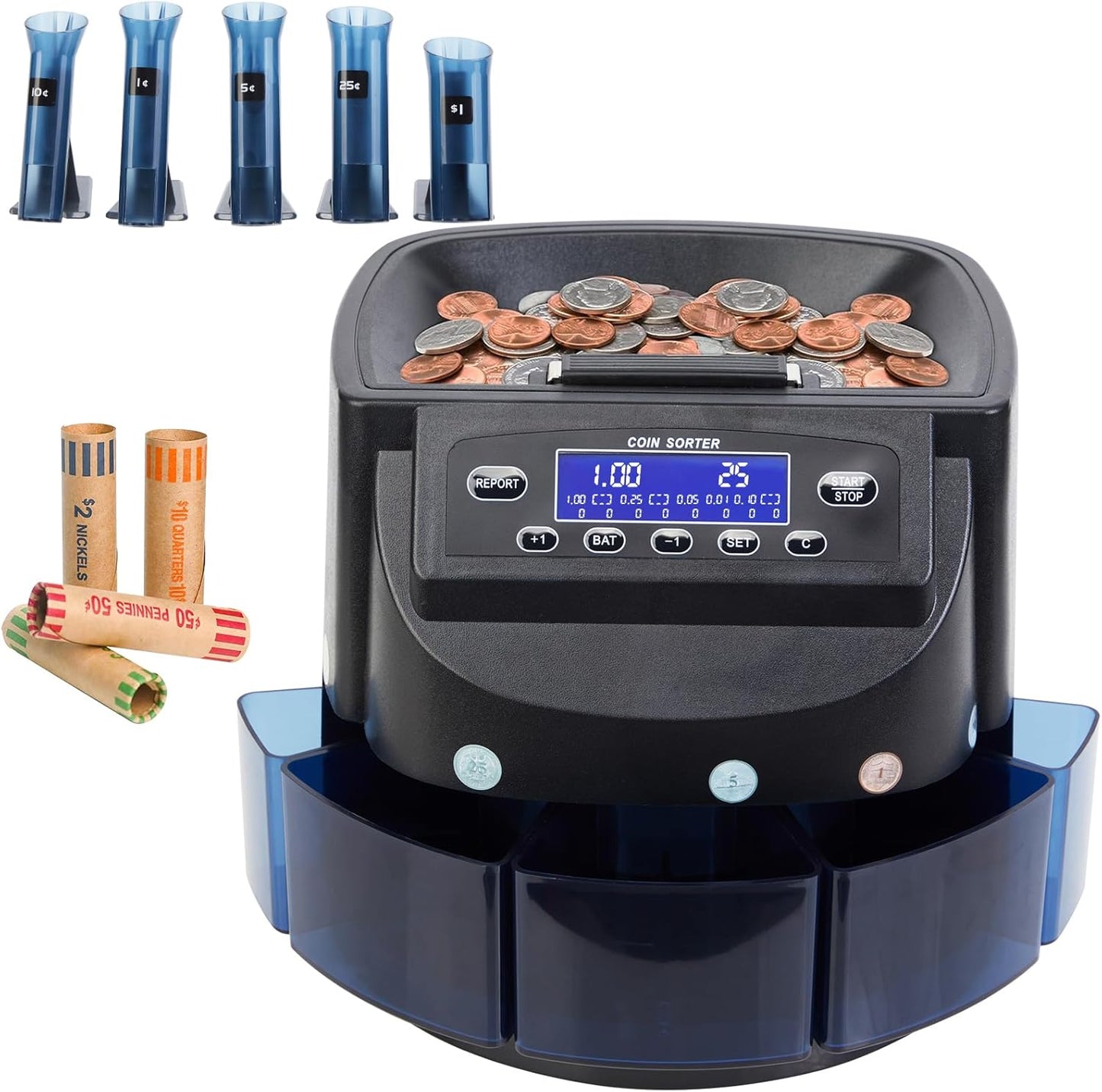 Coin Counter 300-Coin Capacity, USD Coin Sorter and Wrapper Machine Sort 270 Units/Min, Automatic Change Counter with LCD Display for 1￠ 5￠ 10￠ 25￠ $1, Included 5 Coin Bins & 5 Tubes & 5 Wrappers