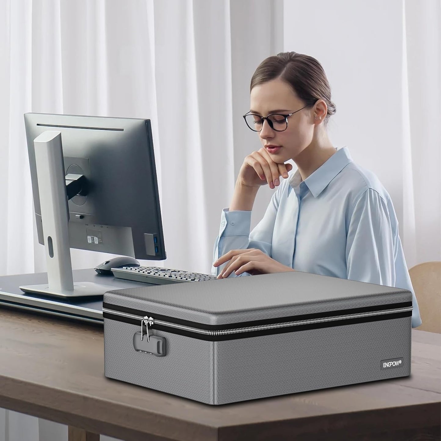 ENGPOW Fireproof Document Box, Hard Case File Box with Fireproof Zipper＆Lock, 6400°F Heat Insulated Fire and Water Resistant File Organizer Storage Safe for Important Documents Laptop Cash, Gray