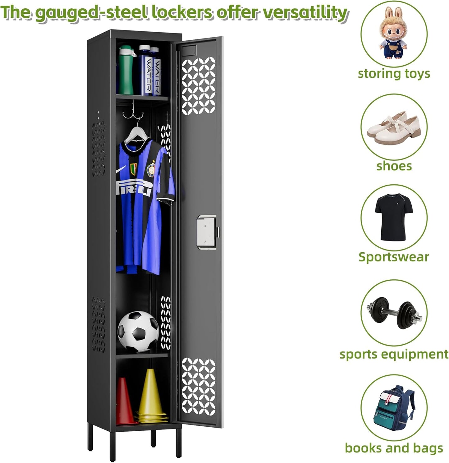 1 Door Metal Locker with Adjustable Shelves and 3 Hooks,Metal Lockers for Employees for Gym,School,Office,Home,Garage,Assembly Required,Black