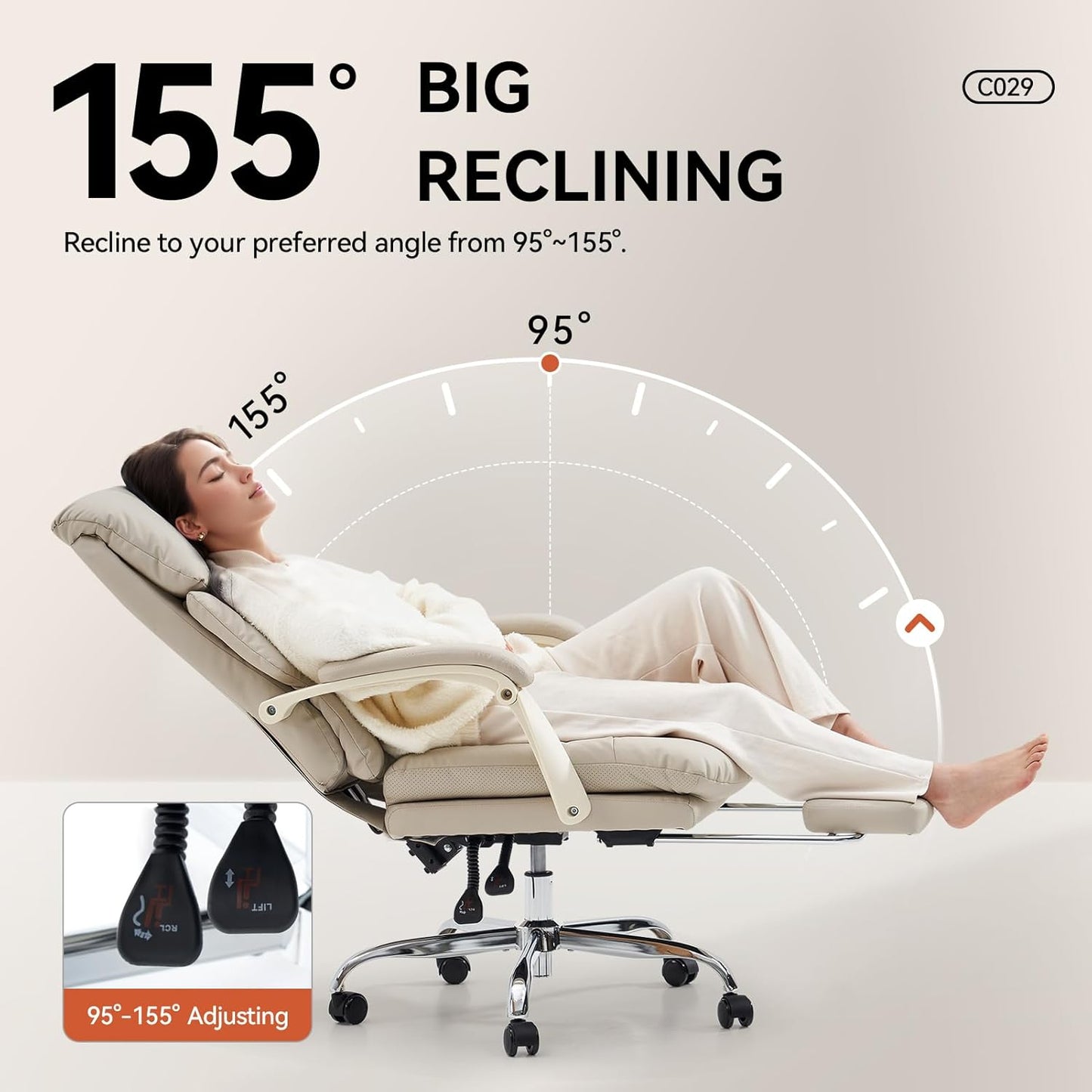 EMIAH Genuine Leather Office Chair with Foot Rest, Reclining Ergonomic Executive Office Chair with Arms, High Back Comfy Swivel Computer Desk Chairs with Wheels and Lumbar Support for Home, Beige