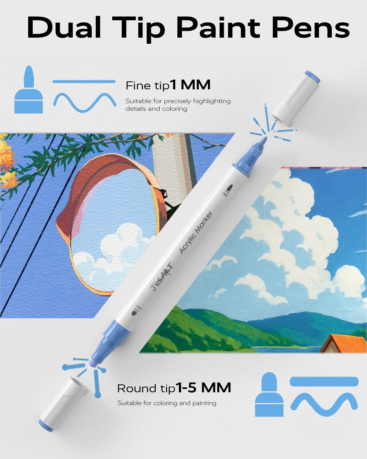 JusArt 36 Colors Dual Tip Acrylic Paint Markers with Dot and Fine Tip, No-Bleed Paint Pens and Waterproof Markers for Rock, Wood, Glass, Ceramic - Vibrant Art Supplies for Kids, Beginners & Artists