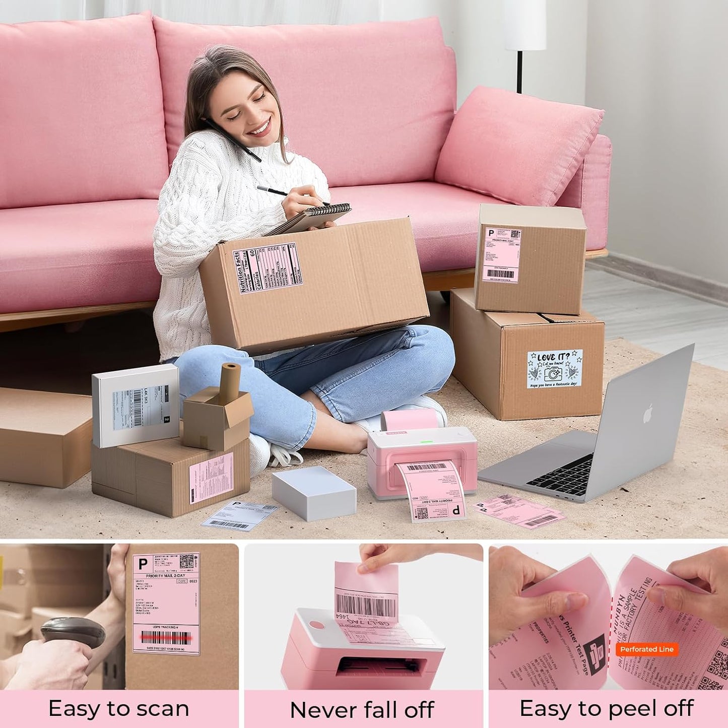 MUNBYN 4"x6" Pink Direct Thermal Shipping Labels, Commercial Grade Permanent Adhesive Fanfold Mailing Postage Label Paper for Thermal Printers and Packages, 500 Sheets per Stack