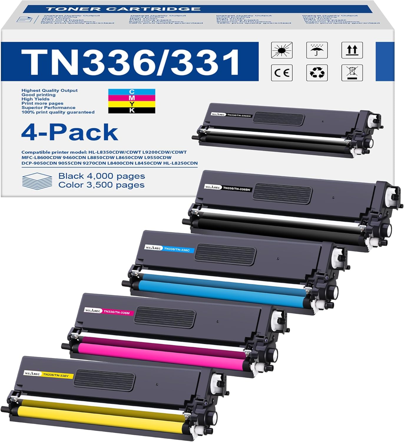 TN336 Toner Cartridge High Yield Compatible Replacement for Brother TN-336 TN331 for Use with Brother HL-L8350CDW HL-4150CDN MFC-L8850CDW Printer (1BK,1C,1M,1Y, 4 Pack)
