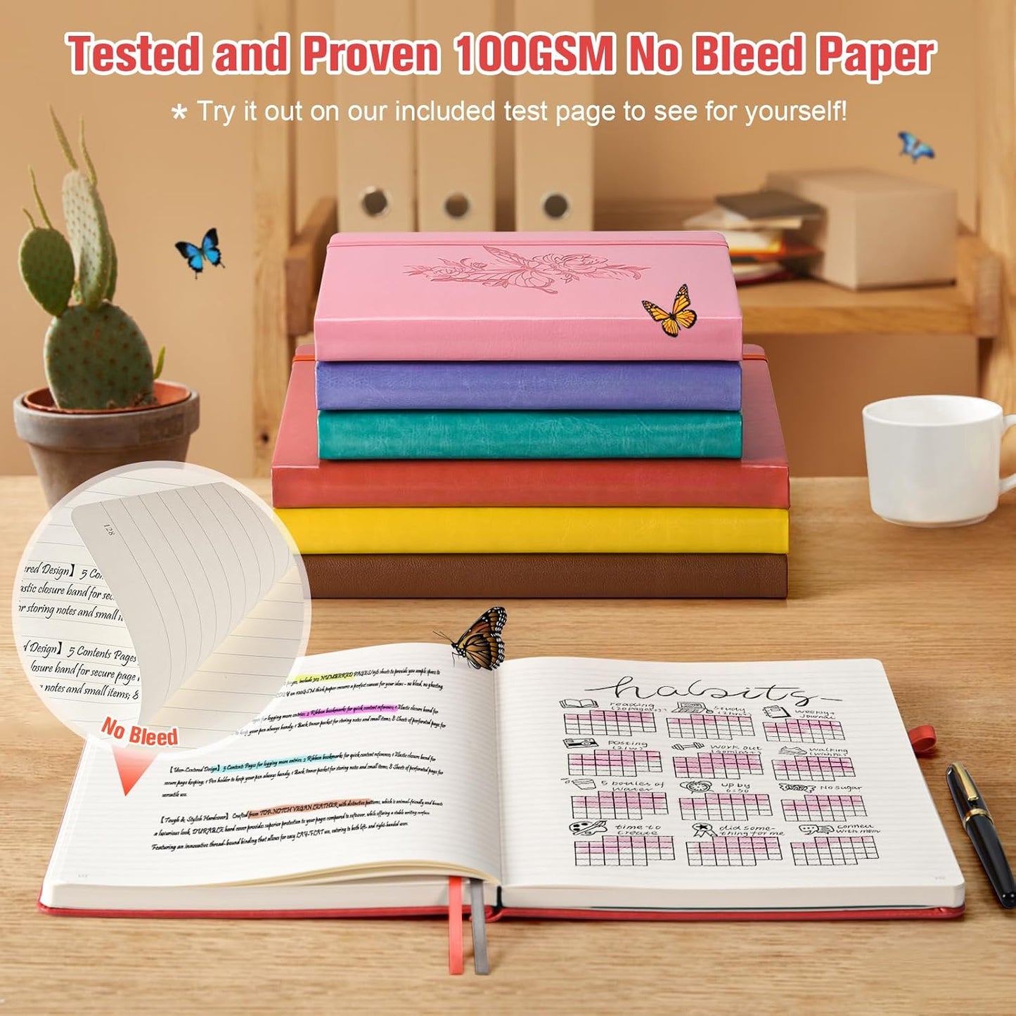 Lined Notebook Journal for Women Men, 312 Numbered Pages B5 Thick Leather Journals for Writing, Daily Diary Journal for Work School, Hardcover College Ruled Notebook, Butterfly Flower Notebook, Red