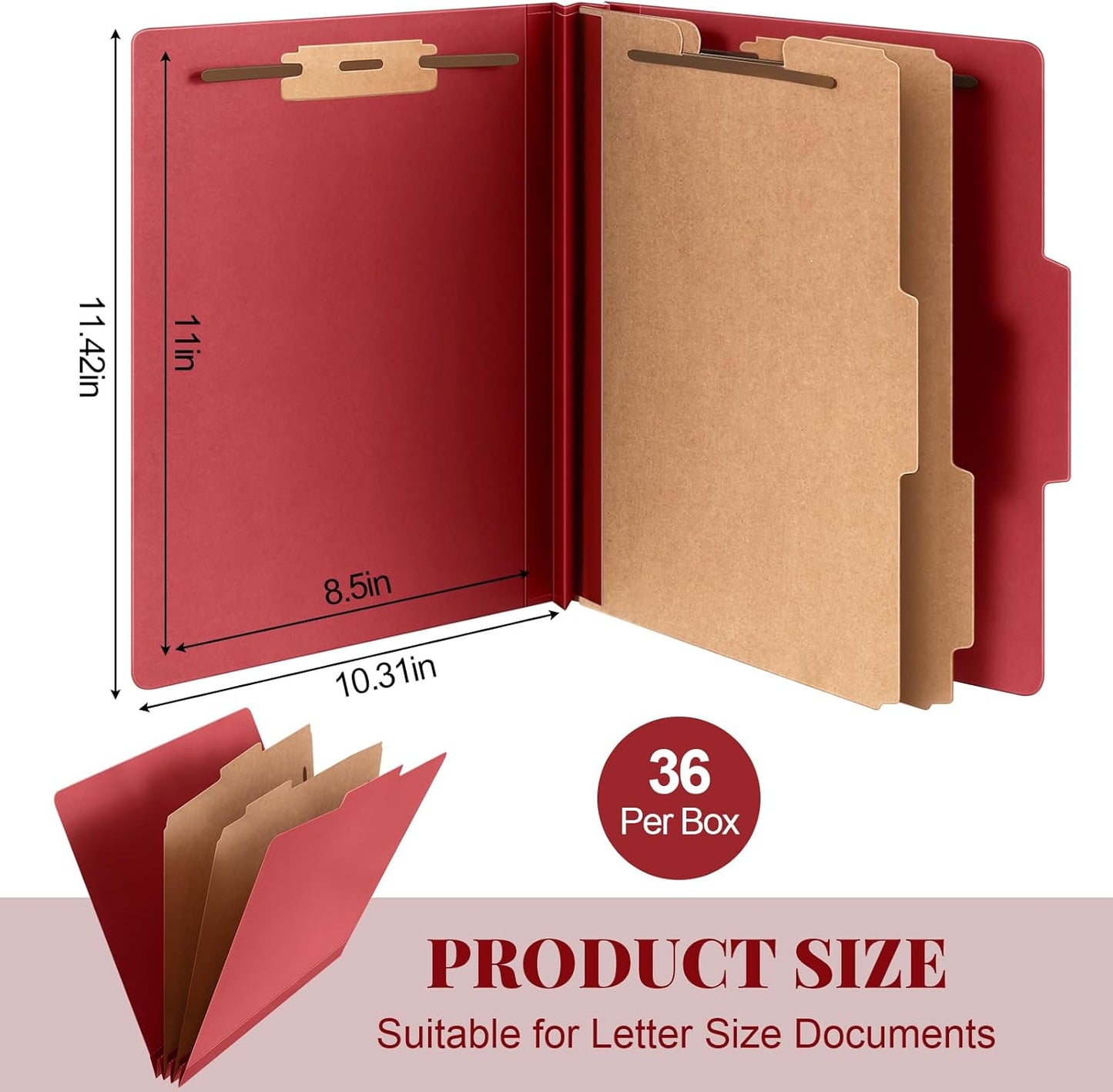 36 Pcs Classification Folders Letter Size, 2 Divider Pressboard File Folders with 3. 5 Inch Expansion, 2 Prongs Fastener, Heavy Duty Office File Organizers for Teachers, Medical (Dark Red)