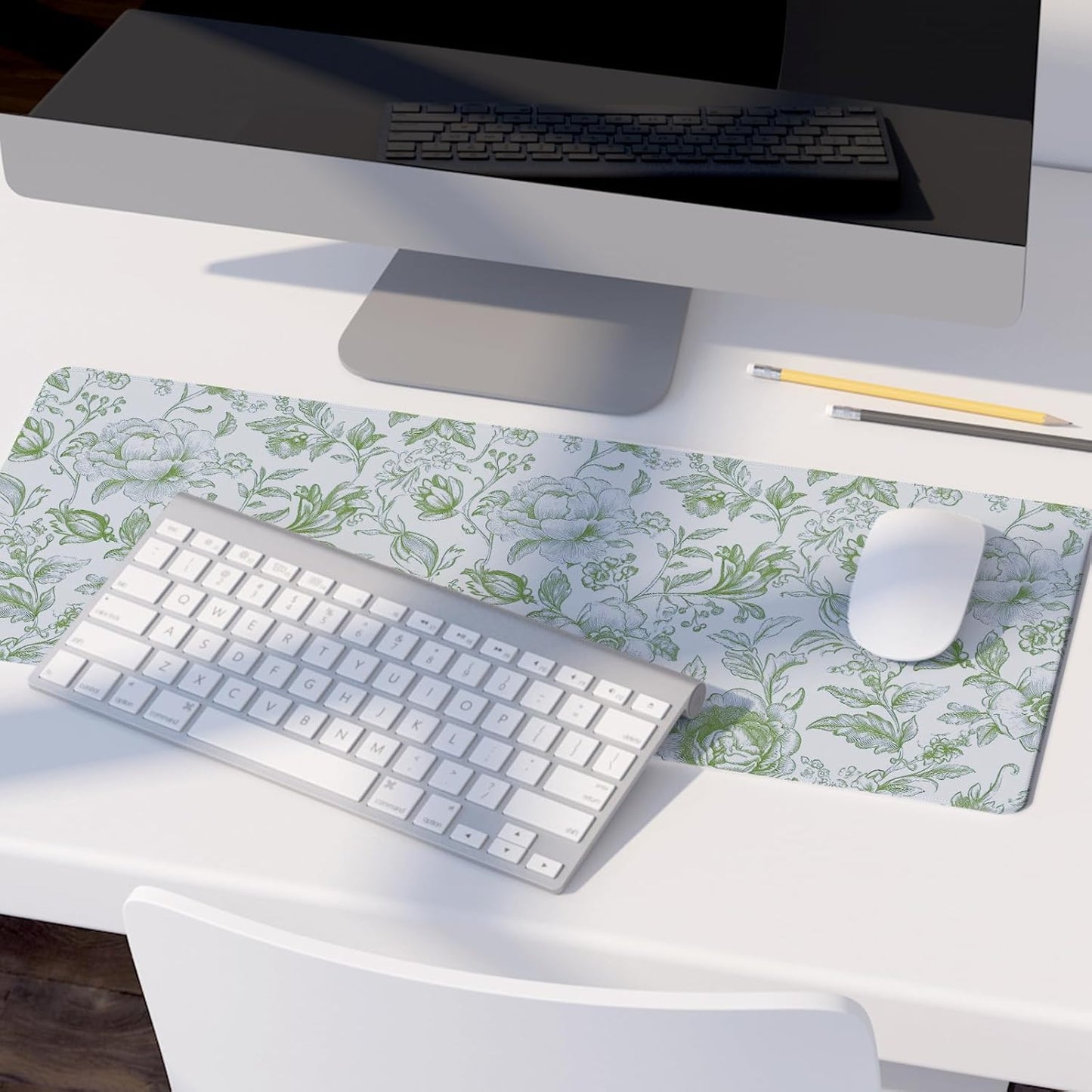 Sage Green Chinoiserie Mouse Pad,Sage Green Floral Desk Mat,XL Large Greens Floral Preppy Trendy Mouse Pad,Girly Gaming Mousepad,Girly Laptop Desk Mat for Dorm Home Office,31.5x11.8 Inch