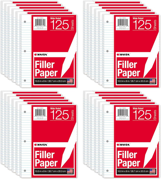 Kaisa Notebook Paper - 24 Pack, 8x10.5, Wide Ruled, 3-Ring Binder, 125 Sheets/Pack, 3-Hole Punch