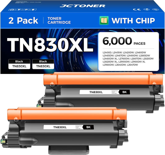 TN830XL Black Toner Cartridge 2-Pack High Yield Replacement for Brother TN830XL TN830 XL Compatible for HL-L2460DW HL-L2405W HL-L2480DW MFC-L2820DW DCP-L2640DW MFC-L2900DW HL-L2400D Laser Printer Ink