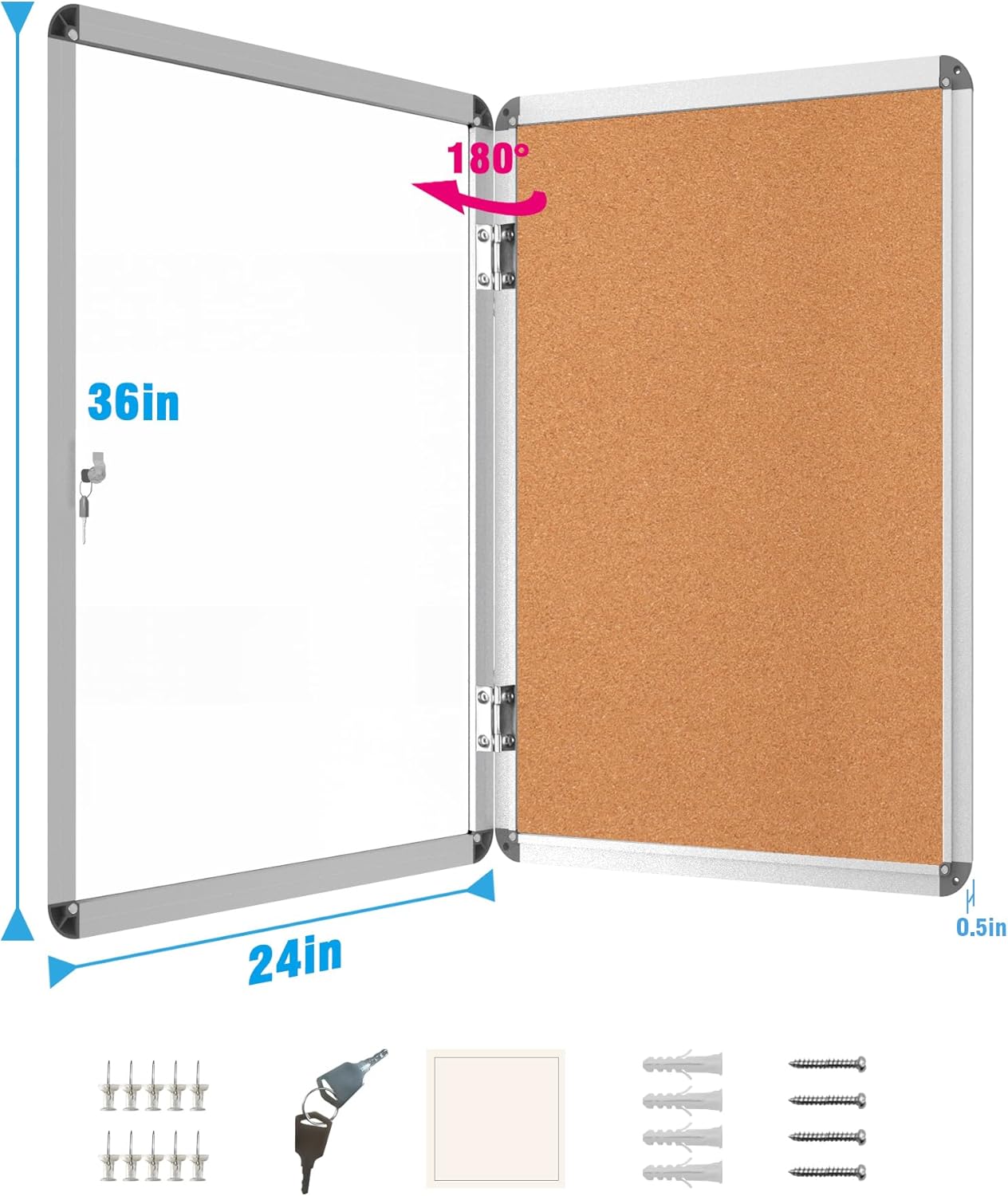2 Pack 36"x24" Enclosed Bulletin Board, Lockable Weather-Resistant Aluminum Cork Noticeboard for School & Office, Silver Frame w/Cork