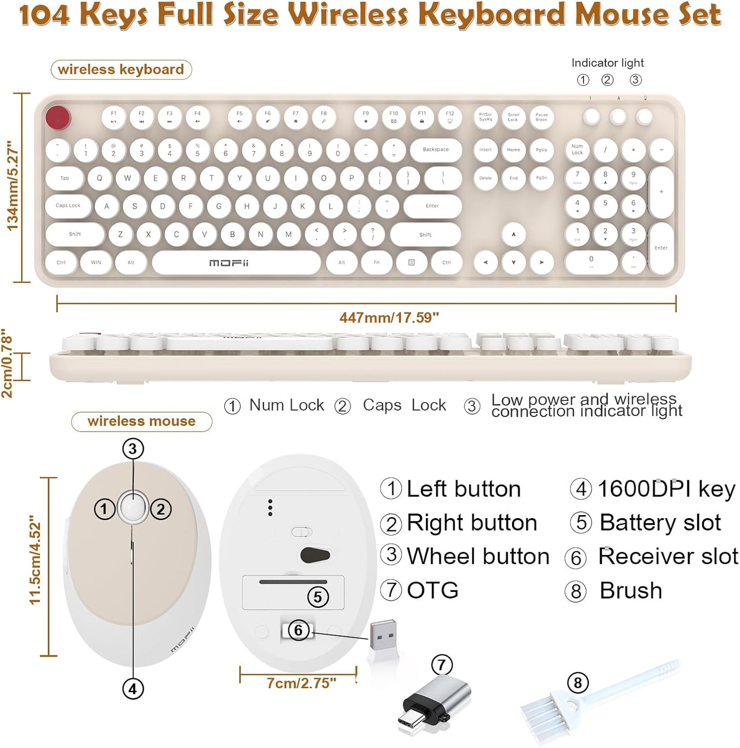 Wireless Keyboard and Mouse Combo, MOFII 104 Keys Full-Size Retro Round Keys Typewriter Keyboards Ergonomic Keyboards and Mouse Wireless for Windows, PC, Laptop, Desktop White