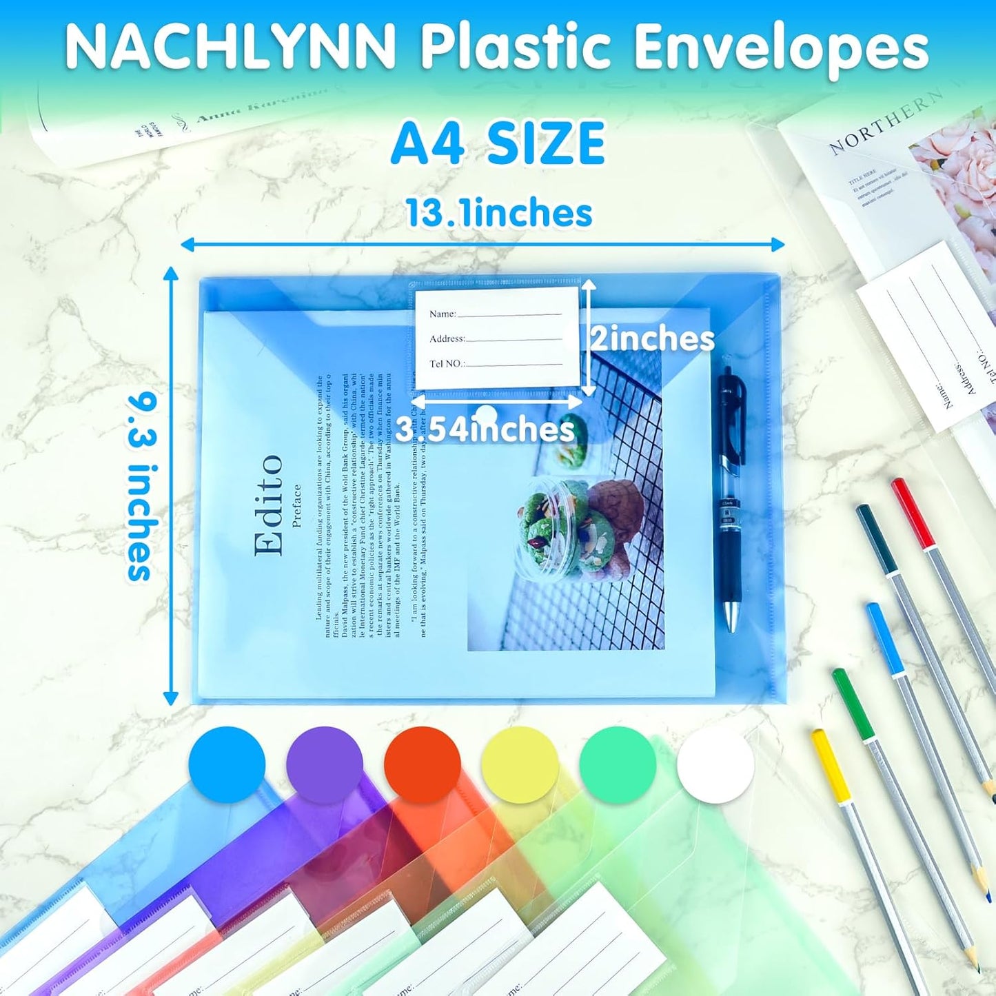 NACHLYNN 48pcs Plastic Envelopes Plastic Folders with Snap Closure, 6 Colors A4 Size Clear File Envelopes with Label Documents Folders Organizers for Home Work Office Organization