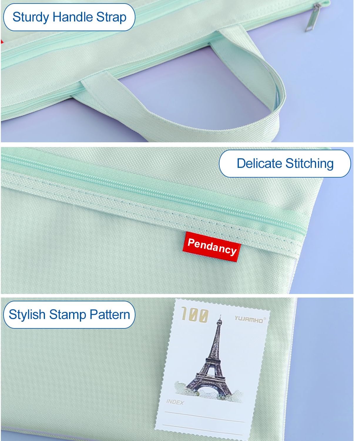 Pendancy Mesh Zipper Pouch 11x13.7 in, Large Double Pocket Waterproof File Bag with Handle, A4 Size Foldable Document Storage for Puzzle Project/Cross Stitch/Travel/Office（Green）