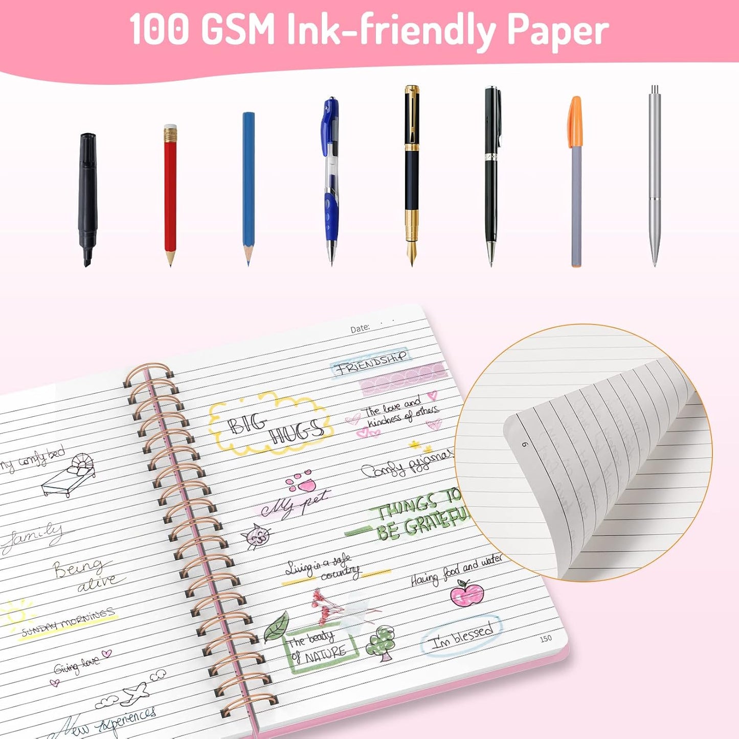 Forvencer Lined Spiral Journal Notebook with 300 Numbered Pages, B5 College Ruled Thick Journals for Writing with 100GSM Paper, Hardcover Notebooks with Contents for Work, School, Women, Men, Pink