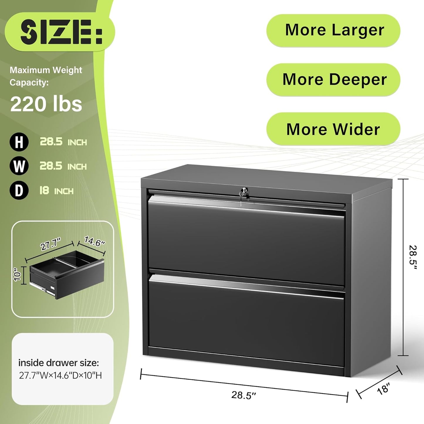 Crownland Lateral File Cabinet with 2 Drawers, 28" W Metal Lockable Office File Cabinets for Home Office- Stores Letter/Legal/A4/F4 Files(Black)