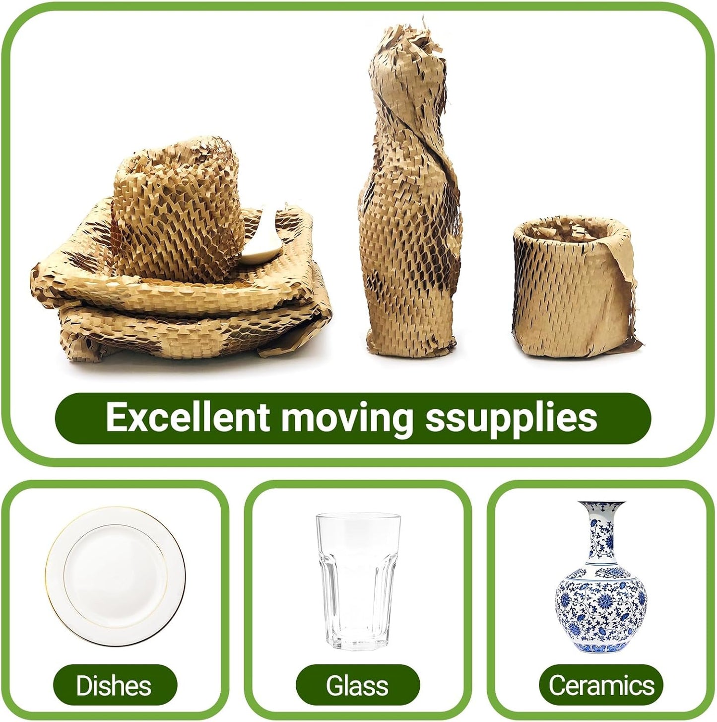 Moving Dish Packing Kit Plate Protector Sleeve, Packing Supplies for Dishes Glass, Honeycomb Wrapping Paper Roll 15 inch x300 Feet Large Bubble Cushion Wrap Shipping Material for Fragile Items