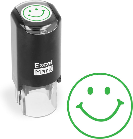 ExcelMark Round Teacher Stamp - Smiley FACE 1 - Green Ink