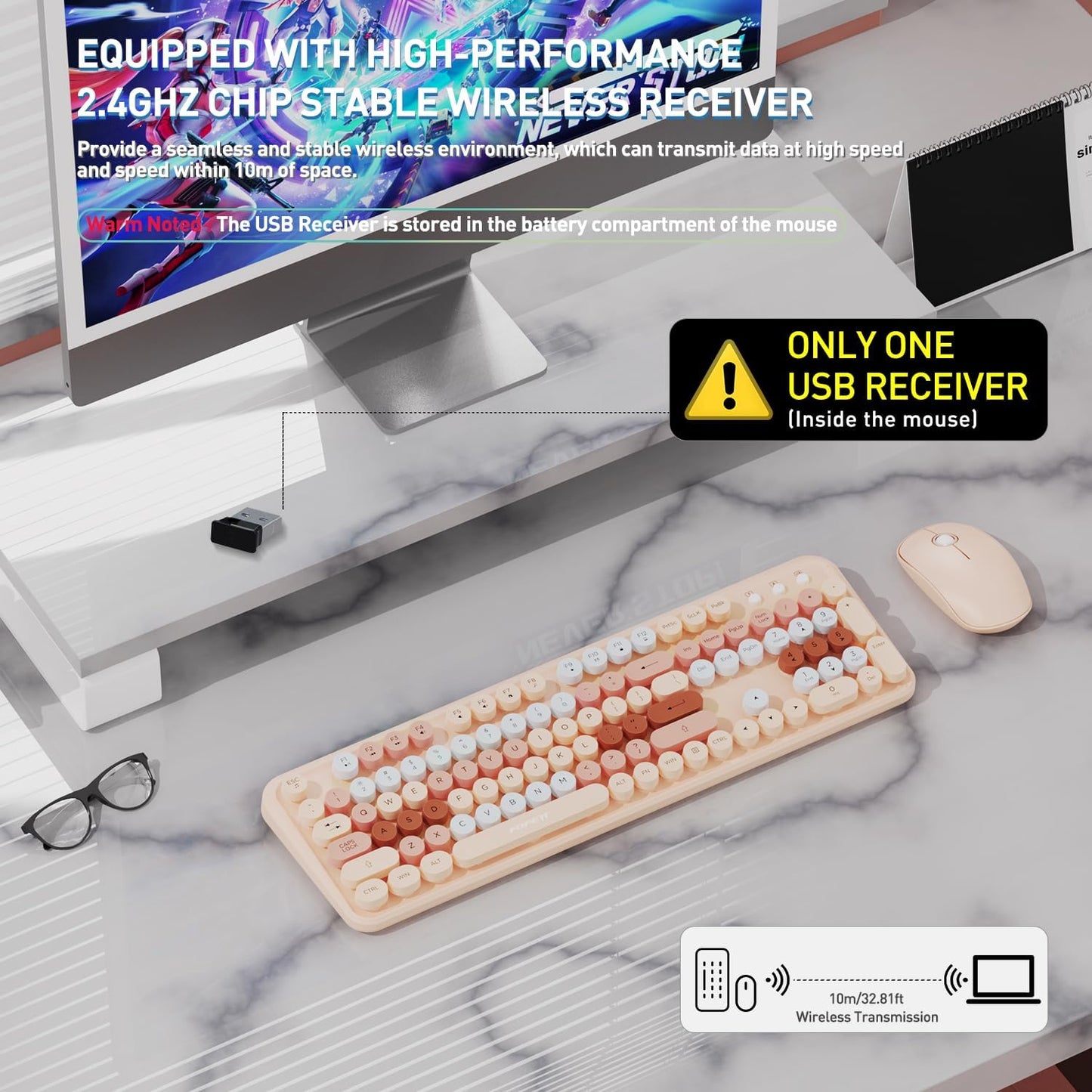 Wireless Keyboard and Mouse Combo, 2.4 GHz Wireless Full-Sized Typewriter Keyboard Mouse for Windows, Computer, Desktop, PC, Laptop (MilkTea)