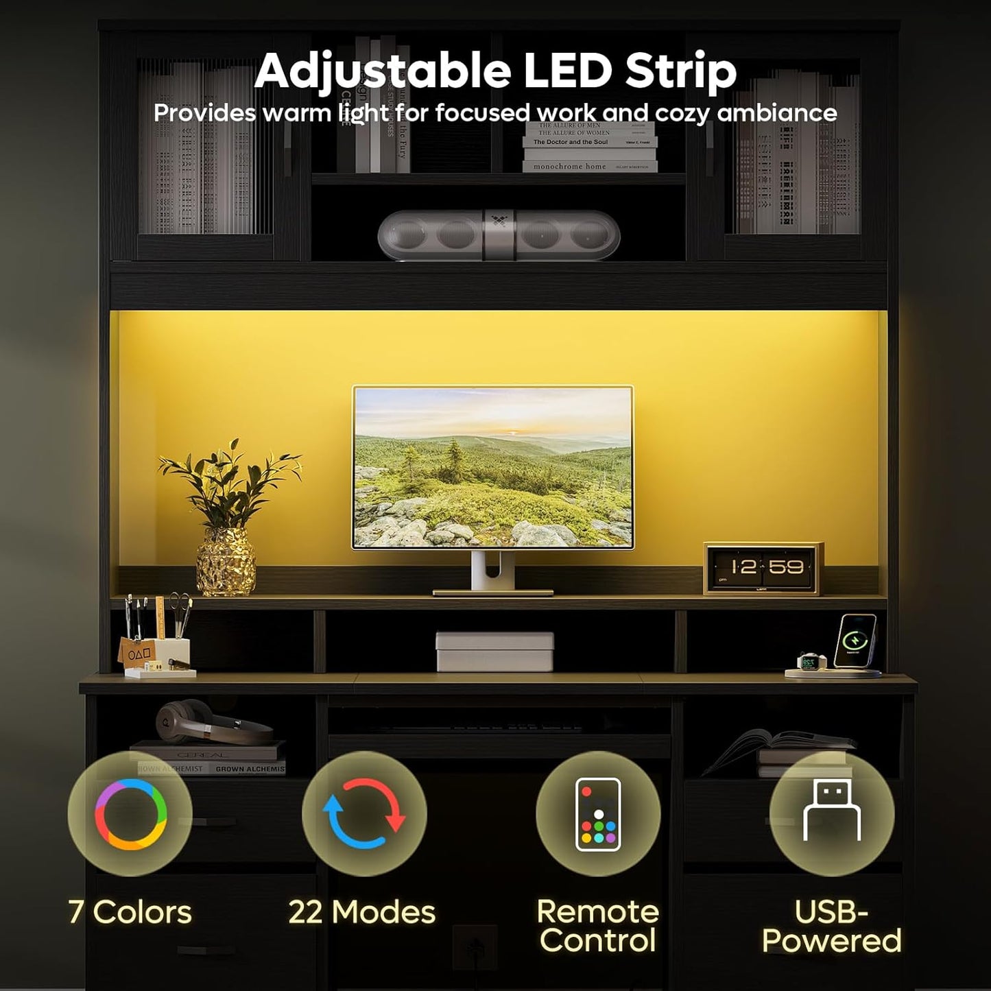 Bestier 77.8" H Executive Desk with Hutch, Modern Wood Computer Desk with Drawers, Charging Station, LED Light, Fluted Storage Cabinet, Keyboard Tray, 59" W Office Desk for Home Office, Black