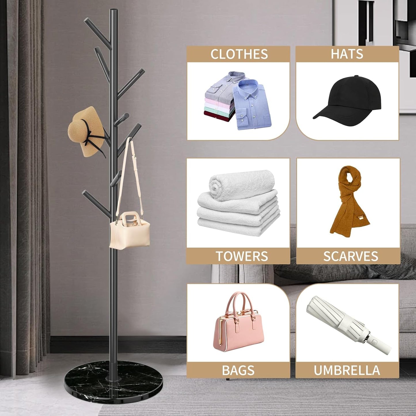 Metal Modern Coat Rack Stand, Sturdy Freestanding Coat Rack with Natural Marble Base, Black Coat Racks and Coat Hall Tree Hanger Stand for Entryway, Hallway, Office (Black Marble base)