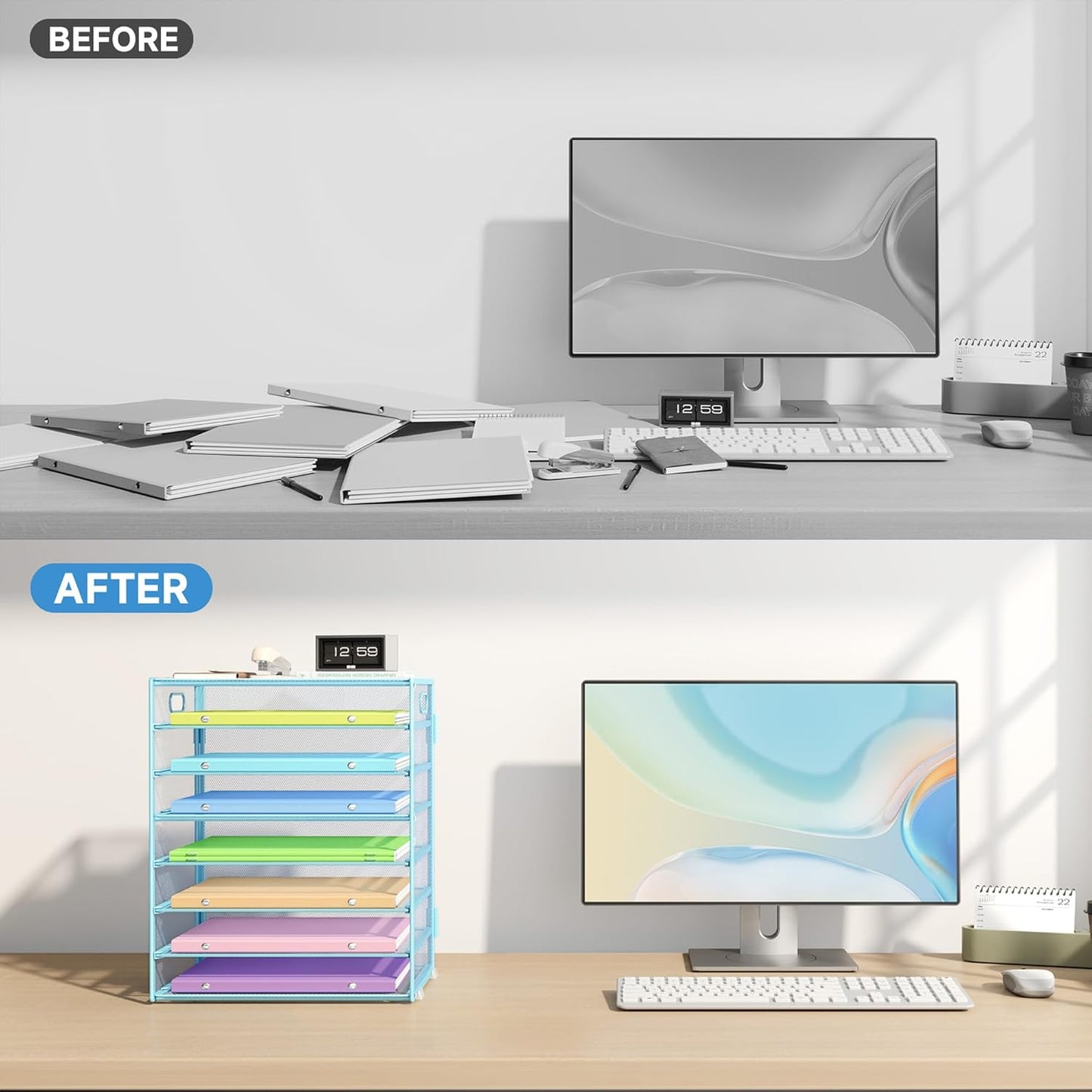 8 Tier Paper Organizer with Handle, Metal Mesh Desk File Organizer, Large Capacity Desk Organizers Paper Letter Tray Desktop Document Sorter for Office, Home or School - Blue