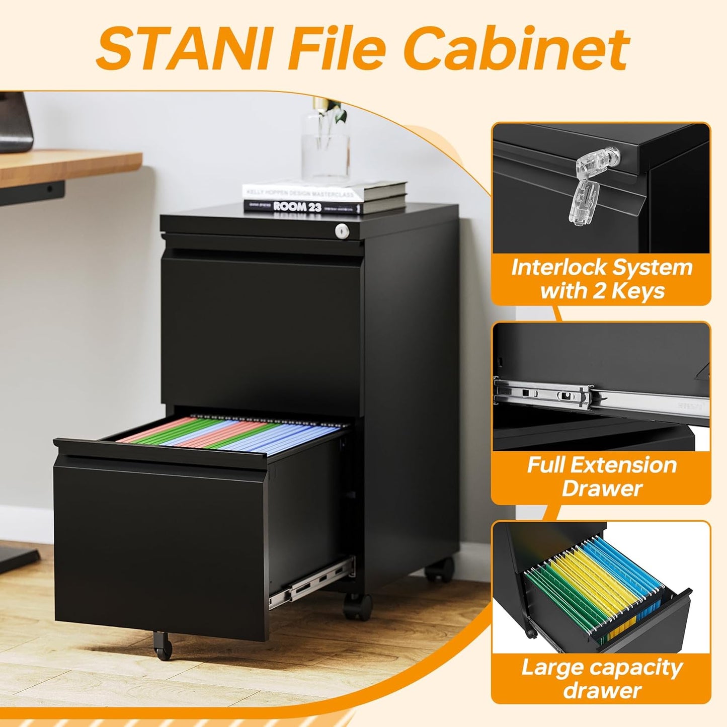 2 Drawer File Cabinet On Wheels Mobile Cabinet with Lock Under Desk Metal Filing Cabinet On Rollers Small Rolling File Cabinet Black Printer Stand for Home Office Fully Assembled