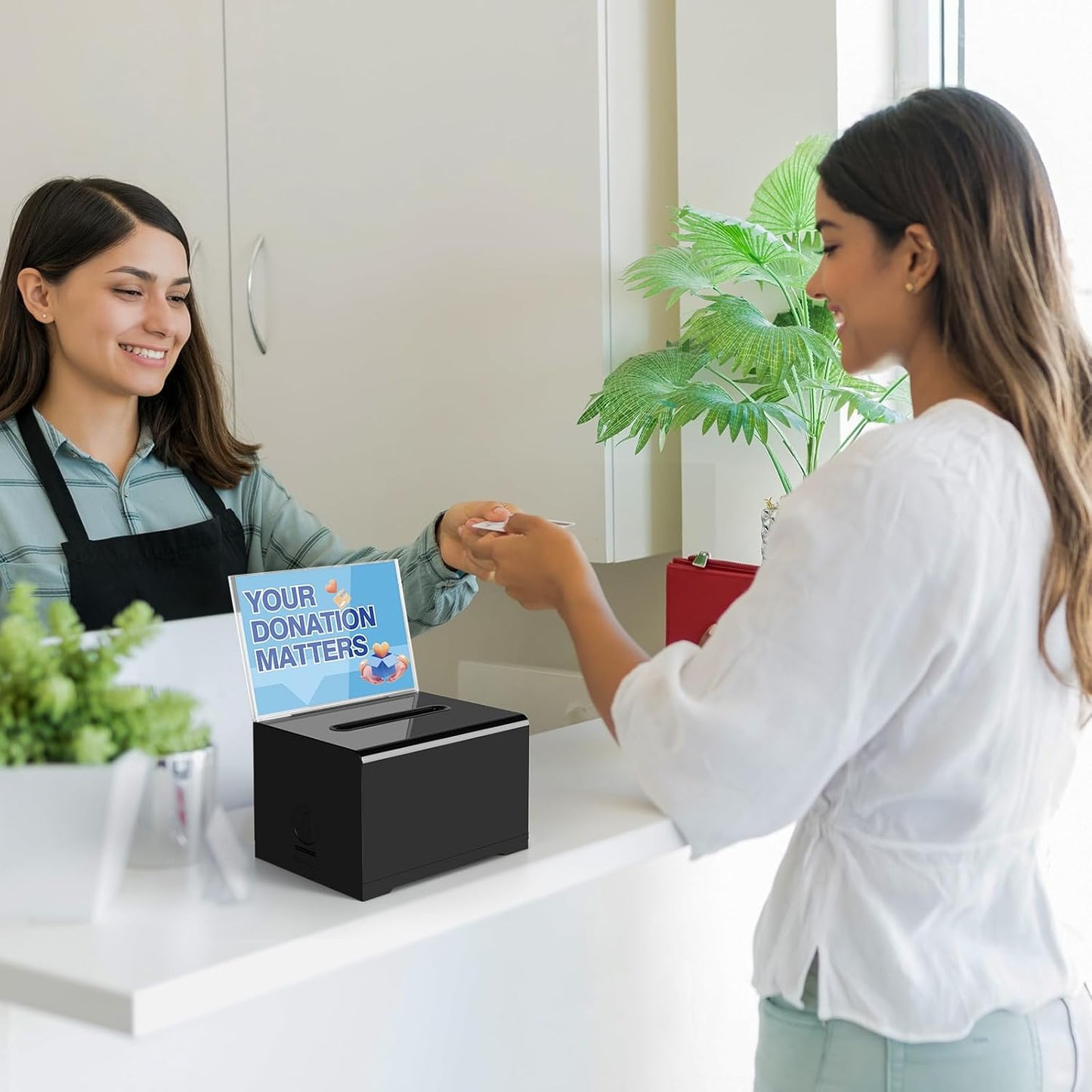 Polmart black Donation Box with Lock - Secure Ballot Box with Removable Sign Holder & 2 Keys - for Money, Cards, Votes, Tickets, Feedback Collection (4.75"D x 6.29"W x 8"H)