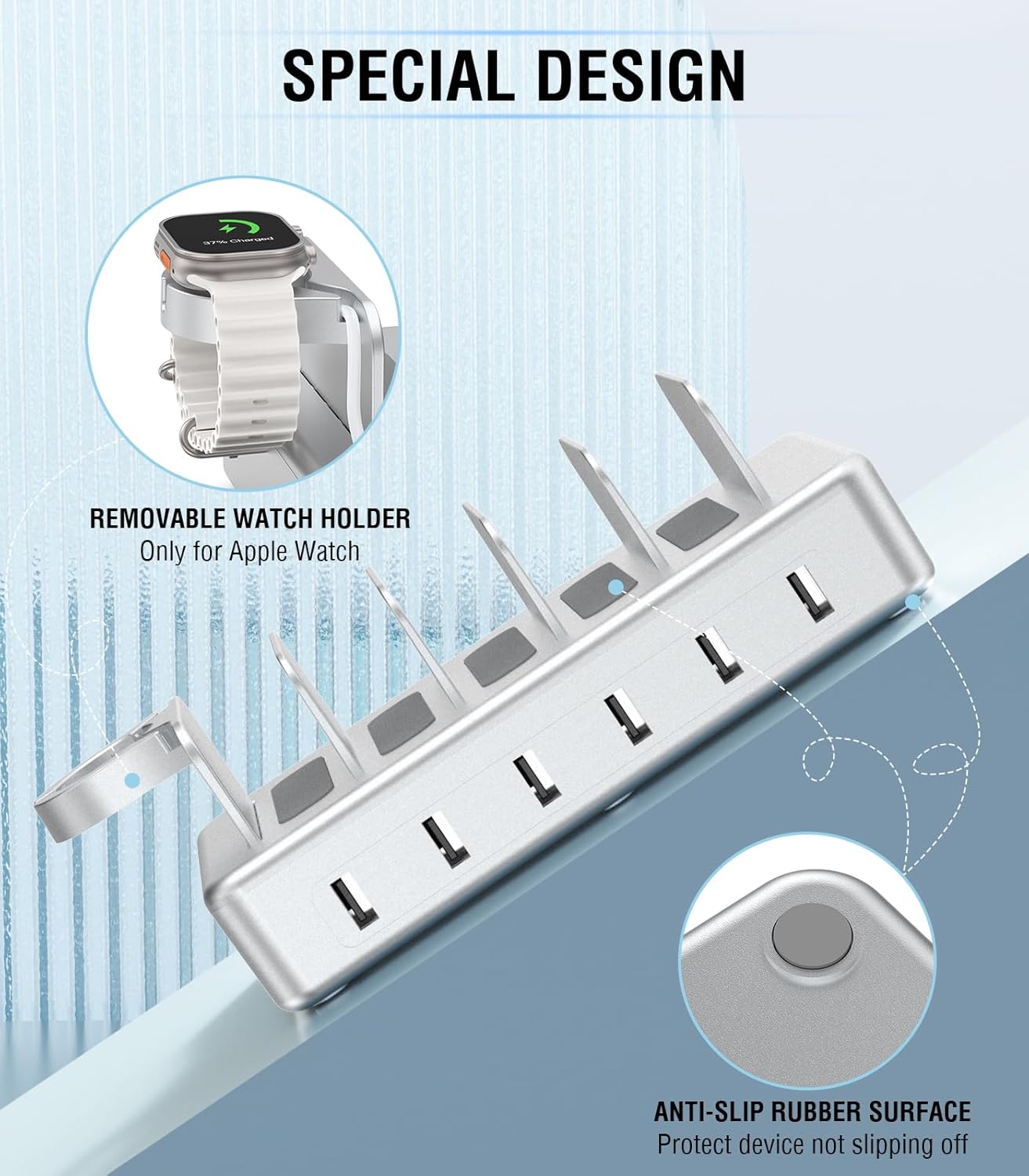 Charging Station for Multiple Devices Apple,50W 6 Port&6 Cables Charging Station for Apple Device with Apple Watch Holder,Charging Dock for Cellphone, Kindle, Tablet and Other Electronic (Sliver)