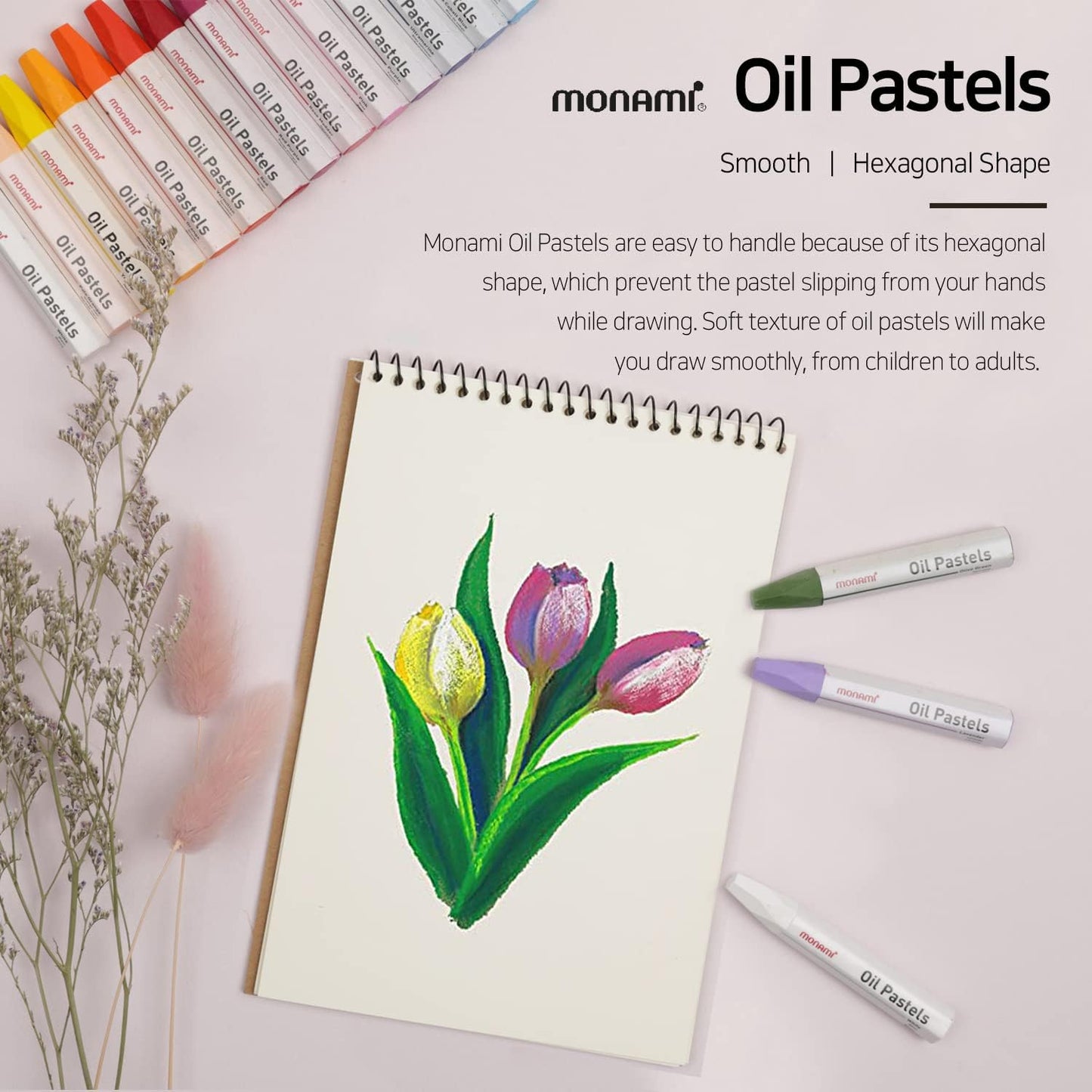 MONAMI Oil Pastels, Jumbo Size Hexagonal Shape Oil Pastels for Kids and Students with Handy Carrying Case, 36 Vivid Colors Pack