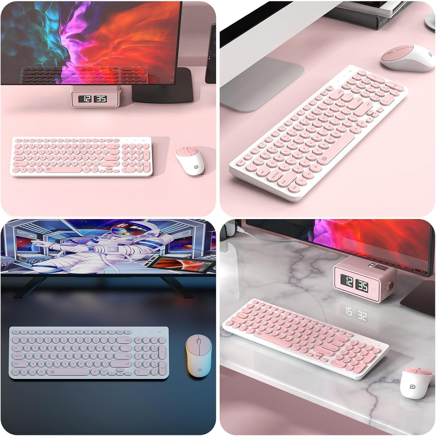 FD iK6630 Wireless Keyboard and Mouse Combo - 2.4GHz USB Cordless, Cute Round Keys, Quiet and Slim Set for Laptop, Computer, TV, and Mac - Salmon Pink & White