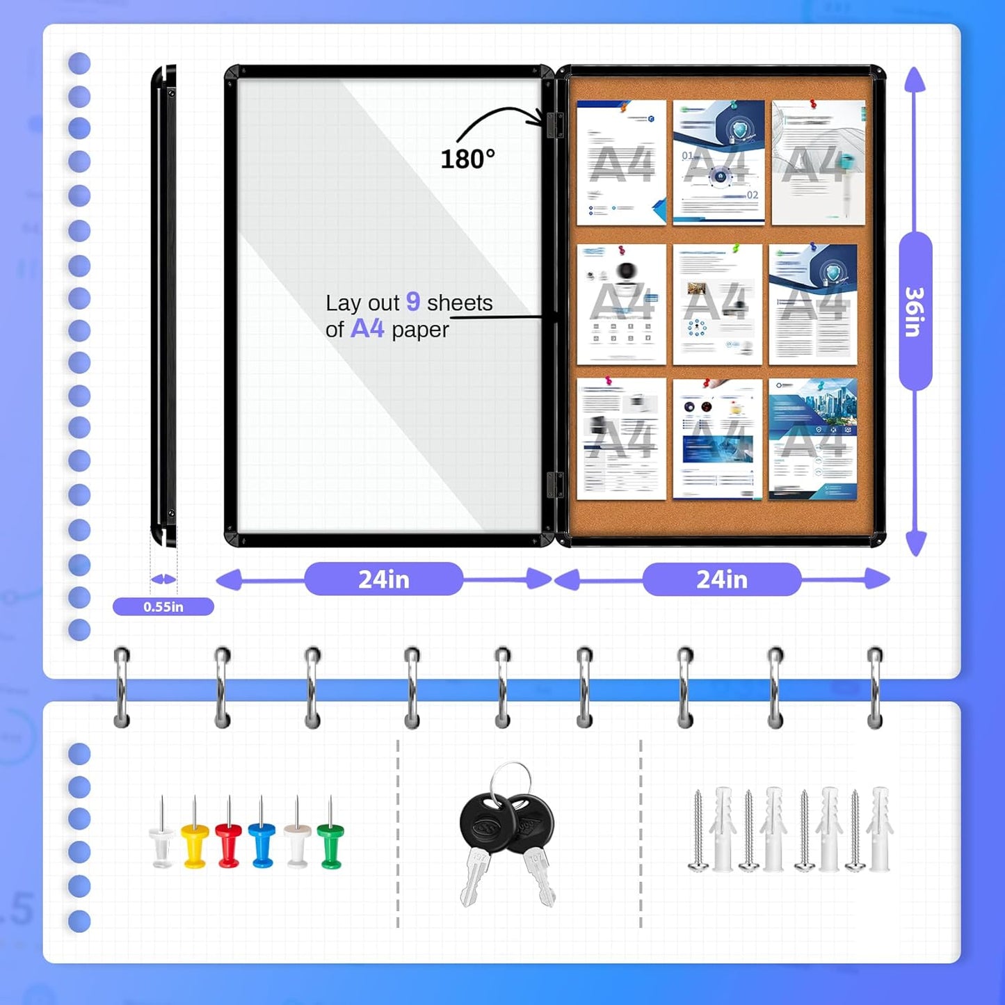 Magula 36"x24" Enclosed Cork Bulletin Board Tamper-Proof Dispaly Case, Black Aluminium Frame, Shatter Resistant Lockable Bulletin Board, Enclosed Cork Board for School, Office,Commercial,Hospital etc